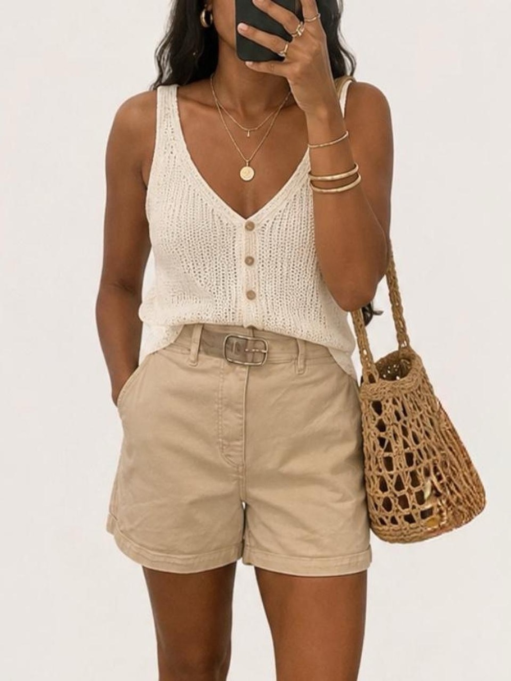 LOFT Beige High-Rise Belted Cotton Shorts
